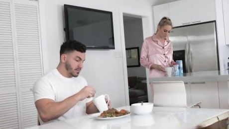 Blonde housewife Addie Andrews takes cum in mouth in the kitchen