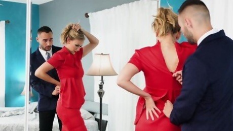 Jasmine Daze wearing red lingerie enjoys while sucking a dick
