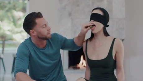 Blind folded wife Diana Grace gives a blowjob and gets fucked in spoon pose